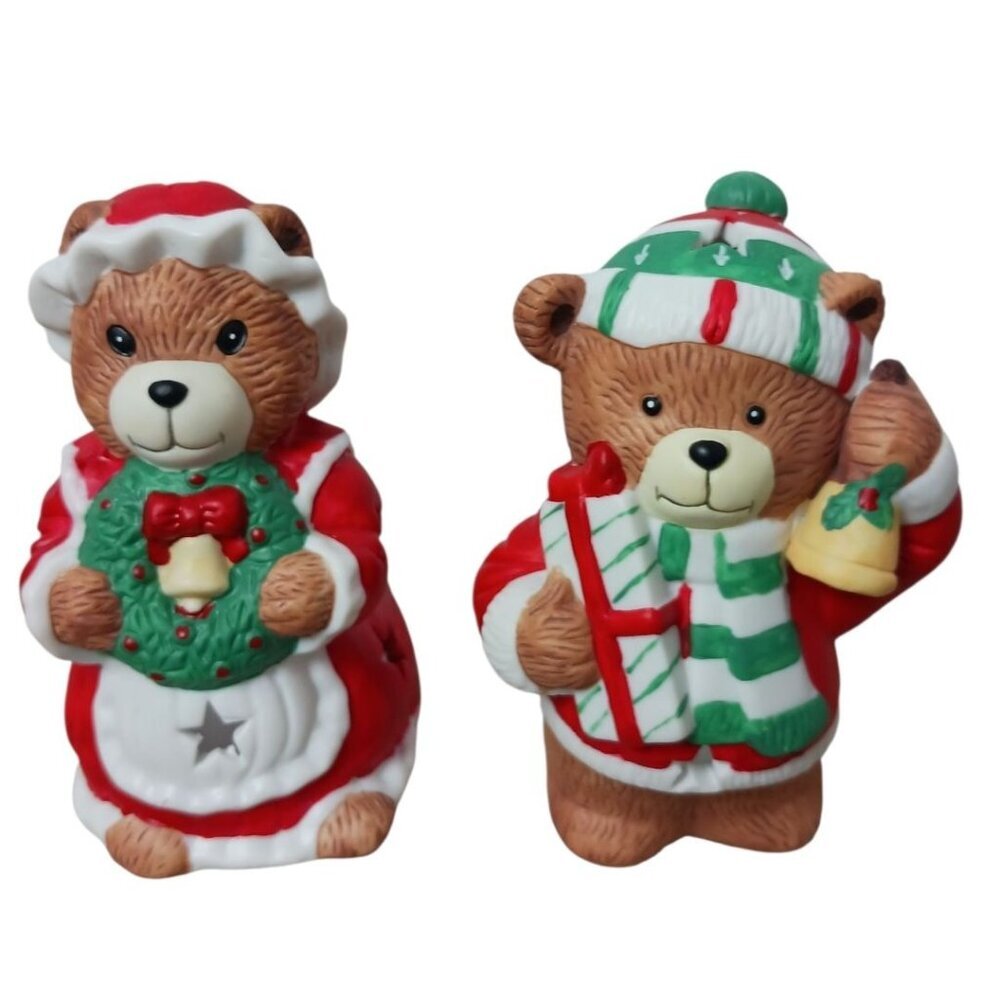 Vintage Christmas Bear Candle Holders Festive Holiday Decor Ceramic Multicolor